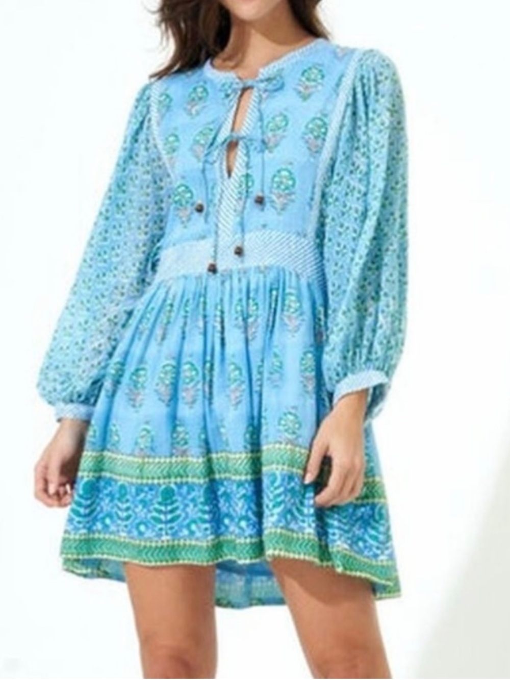 Oliphant Tie Front Balloon Mini Dress Blue Green Floral Print Long Sleeve XXS